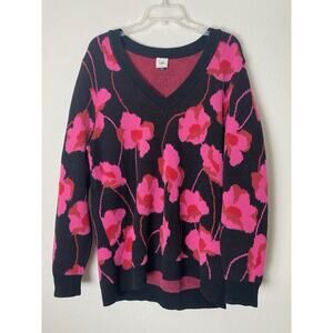 CABI Womens Sweater SZ L Rococo Floral V Neck Pink Black Peony #4102